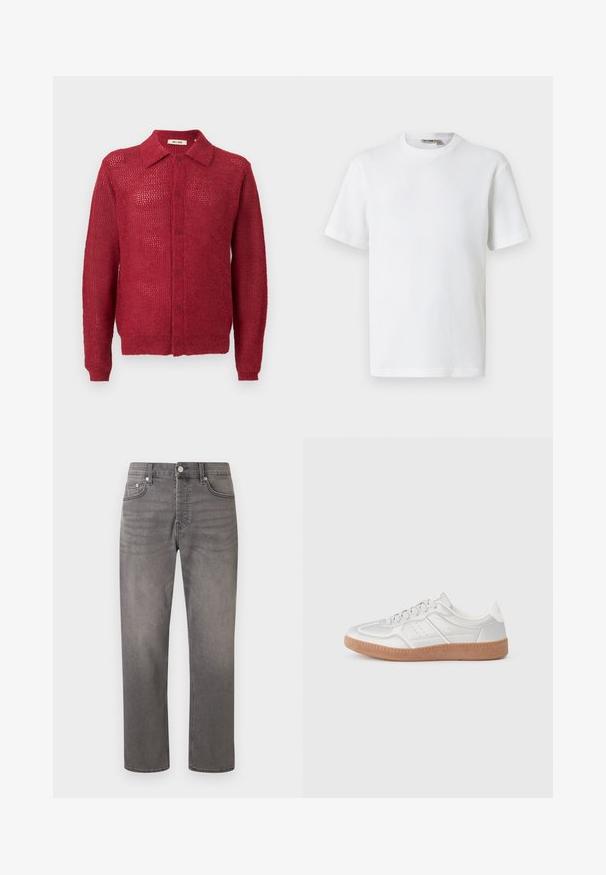 Cardigan rouge en tricot avec un devant à boutons, un col et des poignets côtelés. Présente un motif en tissage ouvert et une coupe décontractée.; T-shirt blanc à manches courtes en maille gaufrée avec col rond, petite étiquette de marque à l'intérieur du col, présenté sur un fond uni.; Jean gris à jambes droites avec bouton avant, fermeture éclair, passants de ceinture et design classique à cinq poches sur fond blanc.; Baskets argentées avec une texture lisse, un design à lacets, des accents perforés et une semelle en caoutchouc marron texturé.