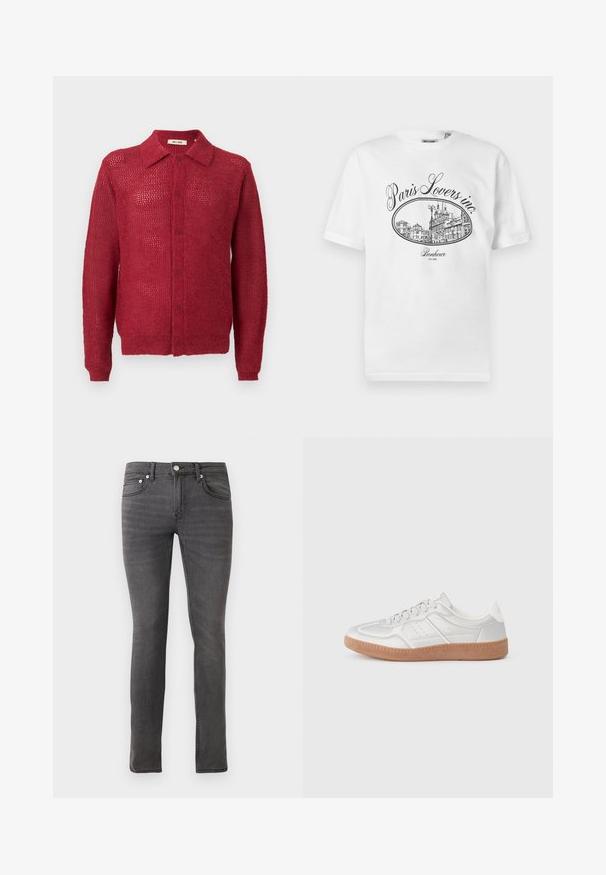 Rød strikket cardigan med knaplukning foran, krave og ribbede manchetter. Har et åbent vævemønster og en afslappet pasform.; Hvid bomulds-T-shirt med et sort illustrativt tryk af en pariserbybillede med teksten "Paris Lovers inc." og "Bonheur EST.1992."; Grå denimjeans med slim fit, der har et klassisk fem-lomme design, front lukning med knap og svag tekstureret detaljering over hele stoffet.; Sølv sneakers med en glat overflade, snørebånd, perforerede detaljer og en struktureret brun gummi sål.