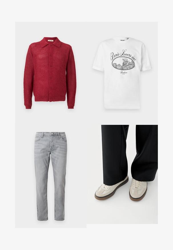 Rød strikket cardigan med knaplukning foran, krave og ribbede manchetter. Har et åbent vævemønster og en afslappet pasform.; Hvid bomulds-T-shirt med et sort illustrativt tryk af en pariserbybillede med teksten "Paris Lovers inc." og "Bonheur EST.1992."; Lys grå lige ben jeans med lynlås foran, for- og baglommer samt bæltestropper, vist på en hvid baggrund.; Fødder iført beige sneakers med brune såler og sorte bukser med vide ben på hvid baggrund.