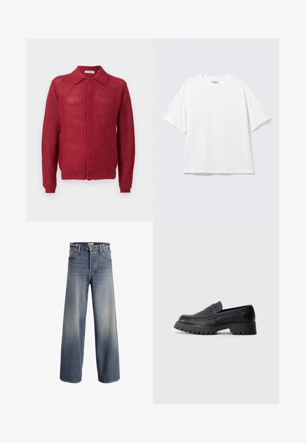 Roter gestrickter Cardigan mit Knöpfen vorne, Kragen und gerippten Bündchen. Verfügt über ein offenes Strickmuster und eine lockere Passform.; Weißes oversized T-Shirt mit kurzen Ärmeln und Rundhalsausschnitt mit eingesetzten Schultern, flach auf hellgrauem Hintergrund.; Helle blaue Schlagjeans aus Denim. Sie verfügen über eine hohe Taille, einen Knopfverschluss und subtile Ausbleichungen mit einer glatten Textur und genähten Nähten.; Schwarze Leder-Loafer mit abgerundeter Schuhspitze, ausgestattet mit einem dekorativen Riemen und einer robusten Gummisohle mit tiefem Profil für besseren Halt.