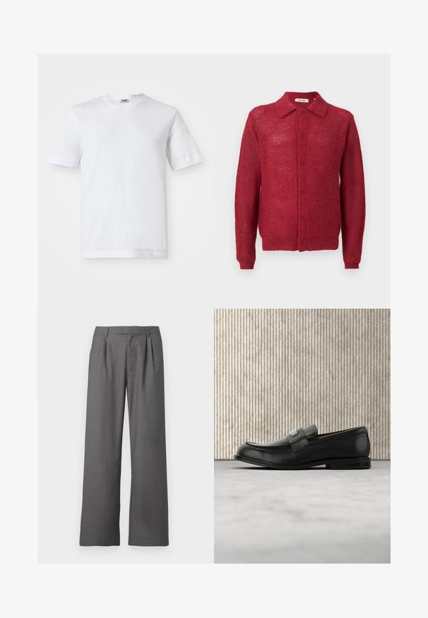Rode gebreide cardigan met knoopsluiting aan de voorkant, kraag en geribde manchetten. Heeft een open weefpatroon en een relaxte pasvorm.; Witte katoenen t-shirt met korte mouwen, ronde hals en een soepele textuur. Geen patronen of accenten zichtbaar.; Grijze wijde broek gemaakt van een soepele stof, met een geplooid voorpand, zijzakken en een op maat gemaakte tailleband met riemlussen.; Zwarte leren loafer met een metalen merktekenplaatje, rustend bij een bruine ronde tafel op een beige tapijtvloer.