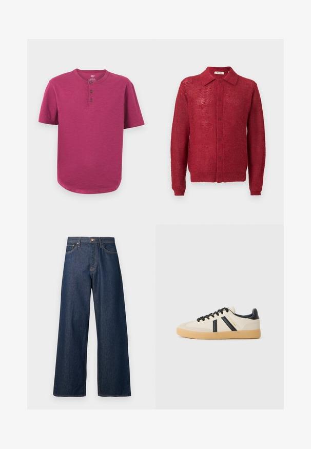 Cardigan de punto rojo con cierre de botones en la parte delantera, cuello y puños acanalados. Presenta un patrón de tejido abierto y un ajuste relajado.; Camiseta henley de manga corta en un vibrante color magenta. Presenta un cuello redondo, tapeta de tres botones y un dobladillo ligeramente curvado. Textura suave.; Jeans de pierna ancha hechos de mezclilla oscura con costuras naranjas, con cinco bolsillos, cierre frontal de botones y una silueta recta.; Zapatillas casuales en crema con rayas negras, con parte superior texturizada y suela de goma. Los cordones son negros. Logo sutil en el costado.