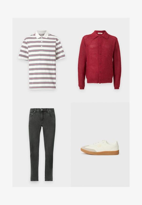 Cardigan rouge en tricot avec un devant à boutons, un col et des poignets côtelés. Présente un motif en tissage ouvert et une coupe décontractée.; Polo shirt à manches courtes en blanc avec des rayures horizontales en bleu marine, rouge et vert. Il dispose d'un col classique et d'une patte de boutonnage à trois boutons.; Jean skinny gris foncé en denim à la texture lisse, présentant un fermeture à boutons classique et un design standard à cinq poches.; Baskets en cuir blanc avec une coque beige et une semelle en caoutchouc marron clair. Dotées de lacets blancs plats et d'un logo embossé sur le côté.