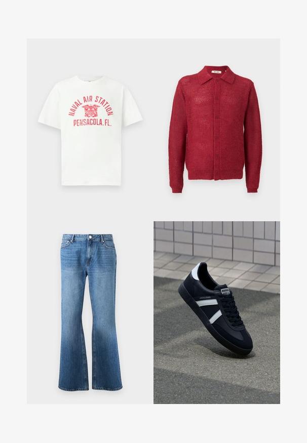 Rød strikket cardigan med knaplukning foran, krave og ribbede manchetter. Har et åbent vævemønster og en afslappet pasform.; Hvid T-shirt med korte ærmer med rød tekst "NAVAL AIR STATION PENSACOLA, FL." og et ørneemblem i midten foran.; Blå denim jeans med høj talje og bred benudskæring, der har frontlommer, bæltesløjfer og en knaplukning.; Sort lædersneaker med hvide striber, tekstureret gummisål og snørrebånd foran. Har et brandet mærke på tungen.