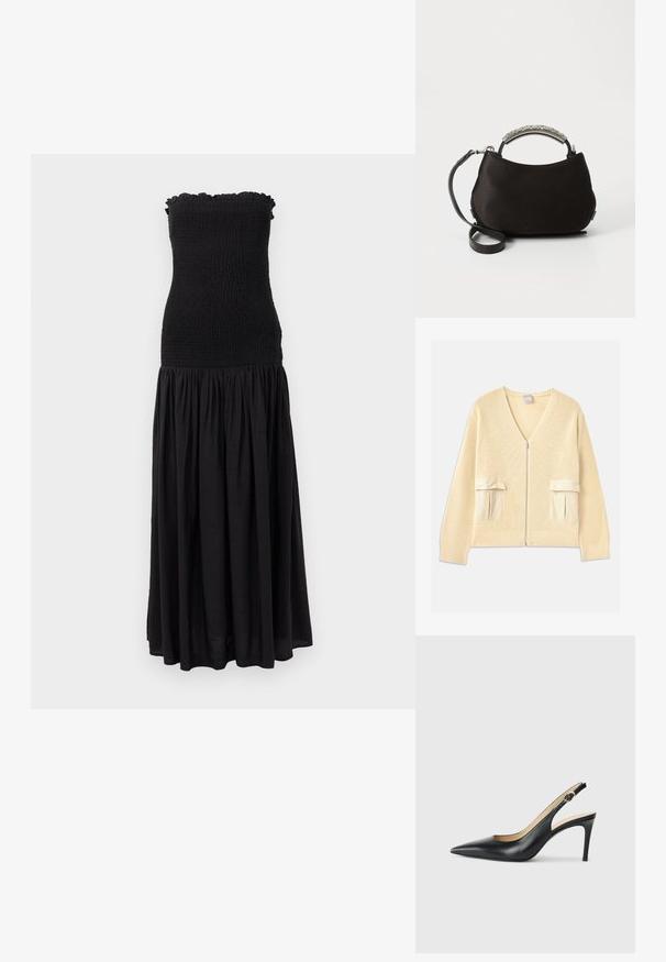 Gilet tricoté crémeux avec un col en V, une fermeture éclair frontale et deux poches plaquées. Présente des poignets et un ourlet côtelés, avec des accents en tissu lisse.; Robe maxi noire avec un corsage smocké, un bord supérieur volanté et une jupe fluide. Le tissu semble léger avec une texture subtile.; Escarpins en cuir noir avec une pointe fine, une bride ajustable et un talon aiguille élégant, présentant une finition lisse.; Sac à main en satin noir avec une poignée argentée incurvée et une bandoulière noire amovible. Texture douce et forme arrondie avec un design minimaliste.