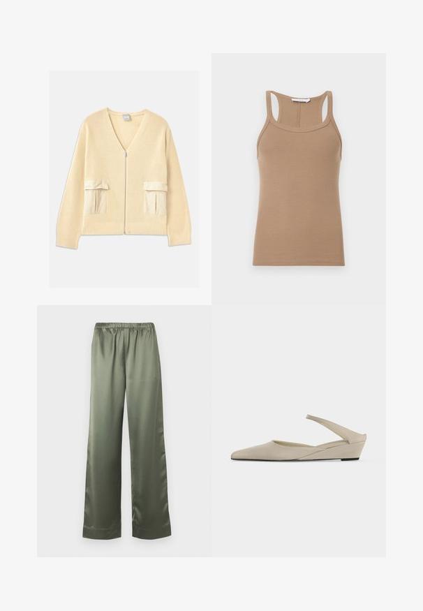Gilet tricoté crémeux avec un col en V, une fermeture éclair frontale et deux poches plaquées. Présente des poignets et un ourlet côtelés, avec des accents en tissu lisse.; Débardeur beige en maille côtelée sans manches avec un dos nageur et un col rond, présenté à plat sur un fond clair.; Pantalon ample en satin vert olive avec une taille élastique et des jambes larges et droites.; Chaussure slingback beige à petit talon compensé, bout pointu et finition mate lisse, présentée de profil sur fond blanc.