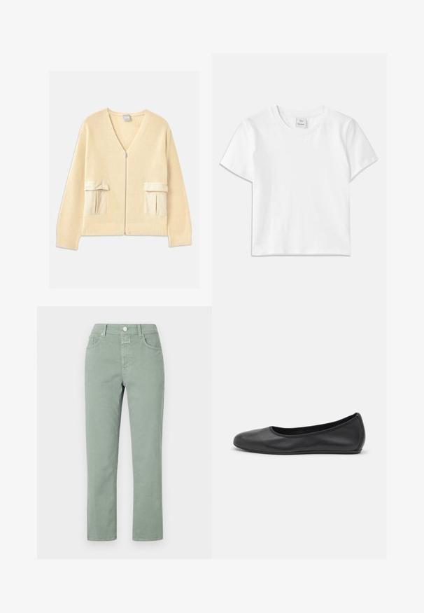 crème gebreide cardigan met een V-hals, een ritssluiting aan de voorkant en twee opgestikte zakken. Kenmerkt zich door geribde manchetten en zoom, met gladde stofaccenten.; Witte katoenen t-shirt met een ronde hals, korte mouwen en een rechte zoom. Label met "Won Hundred" aan de voorkant van de halslijn.; Lichtgroene katoenen broeken met een recht-aflopende pasvorm, voorzien van voorzakken, een knoopsluiting en subtiele stikseldetails.; Zwarte leren ballerina met een ronde neus, gladde textuur, minimale stikdetails en een flexibele zoolontwerp.