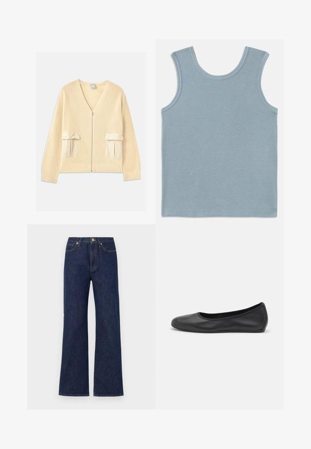 Cremefarvet strikket cardigan med V-hals, frontlynlås og to påsatte lommer. Har ribbede manchetter og kant, med glatte stofdetaljer.; Lys blå tanktop lavet af ribbet stof. Har en rund halsudskæring og brede ærmegab. Flade sømme ved kanterne og en lige afslutning.; Mørkeblå vidde jeans lavet af denim. Har en knaplukning, forlommer og kontrasterende syninger. Ren, klassisk design.; Sort læderballetsko med rund tå, glat tekstur, minimal syning og et fleksibelt såldesign.