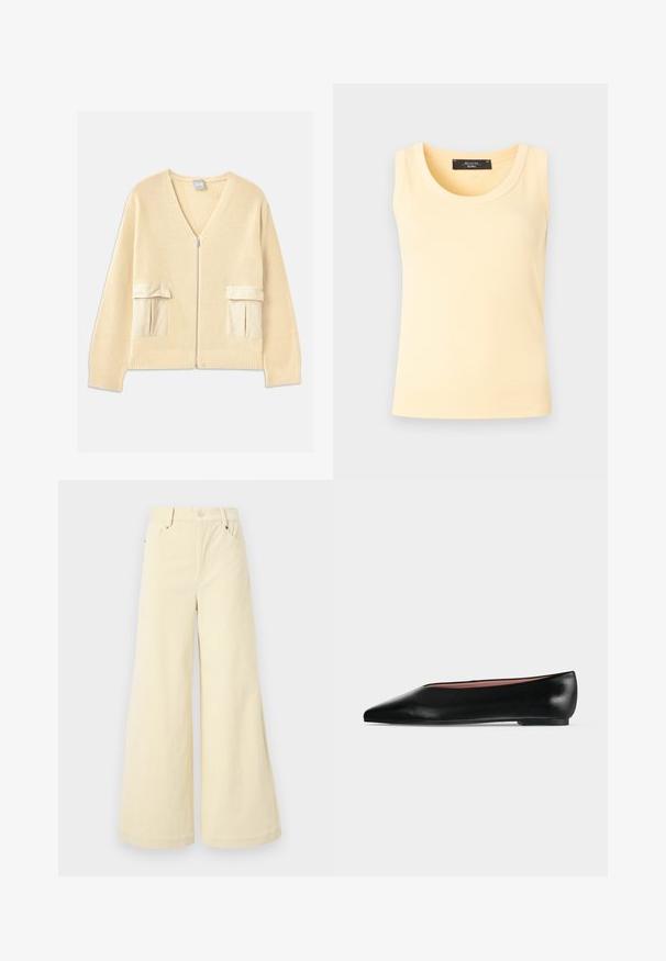 Cremefarvet strikket cardigan med V-hals, frontlynlås og to påsatte lommer. Har ribbede manchetter og kant, med glatte stofdetaljer.; Ærmeløs ribstrikket tanktop i bleg gul med rund halsudskæring og sort mærke indvendigt i kraven.; Bredde bukser lavet af blødt beige stof med en tekstureret overflade, der har forlommer, bæltestropper og en enkelt knaplukning.; Sort damesko i læder med flad hæl og spids tå, vist fra siden på en ensfarvet lys grå baggrund.