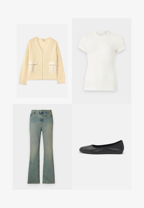 Cremefarvet strikket cardigan med V-hals, frontlynlås og to påsatte lommer. Har ribbede manchetter og kant, med glatte stofdetaljer.; Hvid ribstrikket t-shirt med korte ærmer, rund halsudskæring og let puffede ærmer.; Lysblå denim flare jeans med høj talje, fem lommer og lynlås. Ren, falmet finish med subtile syninger.; Sort læderballetsko med rund tå, glat tekstur, minimal syning og et fleksibelt såldesign.