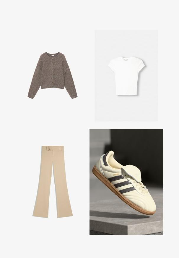 Cardigan en maille marron duveteuse avec col rond et sept petits boutons sur le devant, présentant des manches longues et une coupe légèrement courte.; T-shirt blanc à manches courtes en coton doux, avec un col rond et une coupe ajustée. Pas de motifs ni d'ornements visibles.; Pantalon beige taille haute avec trois boutons et jambes larges évasées, présenté à plat sur fond blanc.; Baskets en cuir crème avec trois bandes sombres, une semelle extérieure en gomme marron et un bout arrondi. Présentent une languette pliable étiquetée "SAMBA."