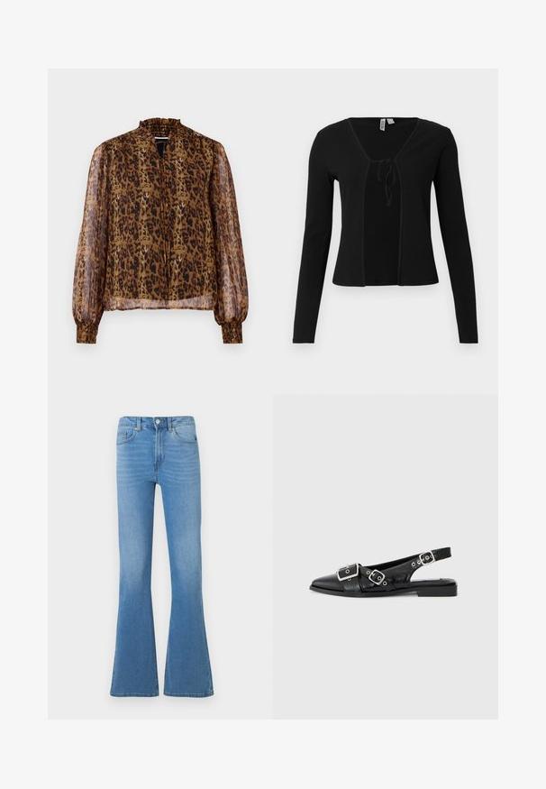 Cardigan noir côtelé à manches longues avec un col en V et une fermeture à nouer au centre devant. Texture douce, coupe ajustée et matière légère.; Blouse transparente marron avec imprimé léopard, col haut froncé et longues manches bouffantes. Dispose de poignets élastiqués et d'un décolleté en forme de clé à l'avant.; Jean évasé en denim bleu clair avec une taille mi-haute, doté de poches avant et d'une fermeture à boutons. Texture lisse et design classique à cinq poches.; Chaussure slingback en cuir noir avec un bout pointu, deux boucles en argent et un petit talon carré. Présente un dessus texturé et un dos ouvert.