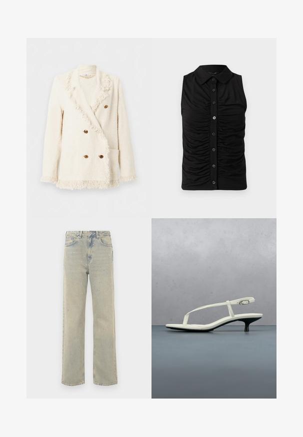 Kremfarvet dobbeltradet blazer med fire brune knapper, frynser på krave, manchetter og kant samt to forlommer.; Ærmeløs sort top med knapper, krave og rynket stofdetalje langs frontens midterpanel.; Lyseblå denim brede bukser med en falmet finish, pyntet med sølvfarvede nitter arrangeret i cirkulære mønstre på fronten.; Hvid sandal med stropper og kitten-hæl med spids tå, svævende over et trægulv udendørs med en sløret plante og væg i baggrunden.