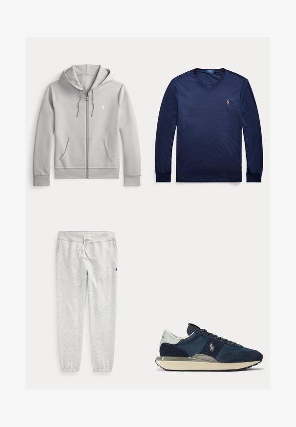 Sudadera con cremallera de color gris claro, fabricada en una suave mezcla de algodón, que cuenta con un amplio bolsillo frontal, capucha con cordón y un pequeño logo bordado en el pecho.; Camiseta de manga larga azul marino con cuello redondo y pequeño logo Polo Ralph Lauren bordado en el pecho izquierdo.; Pantalones deportivos gris claro con puños elásticos, cintura con cordón, bolsillos laterales y pequeño logo oscuro en el muslo superior izquierdo.; Zapatilla azul marino y blanca con paneles de ante y tela, logotipo blanco en el lateral, lengüeta blanca en el talón y suela beige con tacos negros.