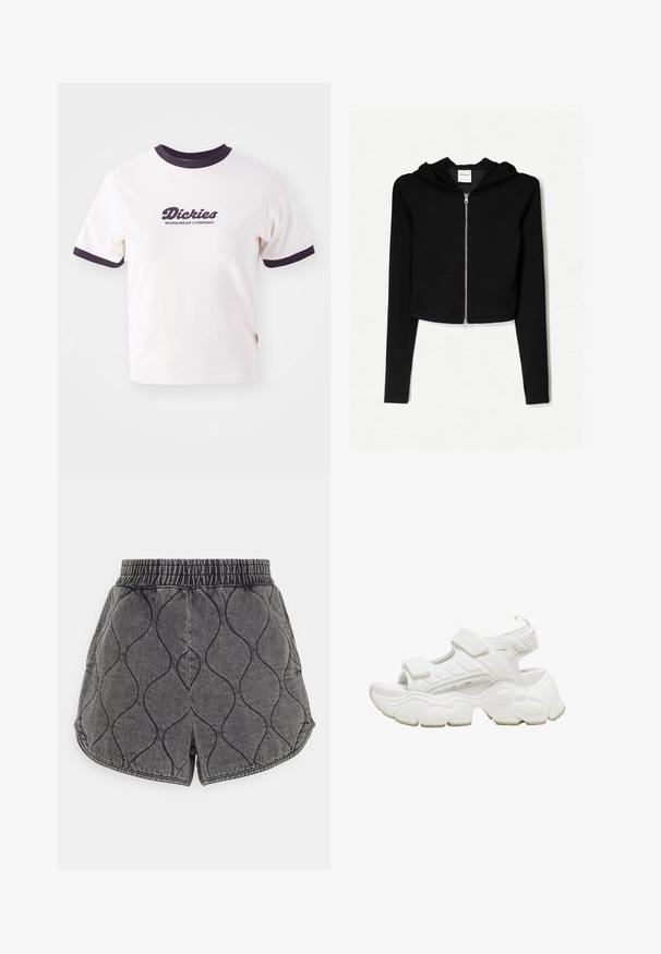Zwarte cropped hoodie gemaakt van zachte stof, heeft een volledige ritssluiting aan de voorkant, lange mouwen en een capuchon met trekkoord. Simpel, minimalistisch ontwerp.; Witte T-shirt met donkerblauwe geribbelde kraag en mouwen. Bevat een groot grafisch tekstlogo in donkerblauw, "Dickies WORKWEAR COMPANY."; Gequiltde zwarte denim korte broek met een elastische tailleband, voorzien van een golvend stikpatroon. De shorts hebben een relaxte pasvorm en zijn afgewerkt met gebogen zoomlijnen.; Witte sportieve sandaal met verstelbare klittenbandsluitingen, gevoerde zool, open ontwerp, dikke profielzool en getextureerde accenten. Lichtgewicht synthetisch materiaal.