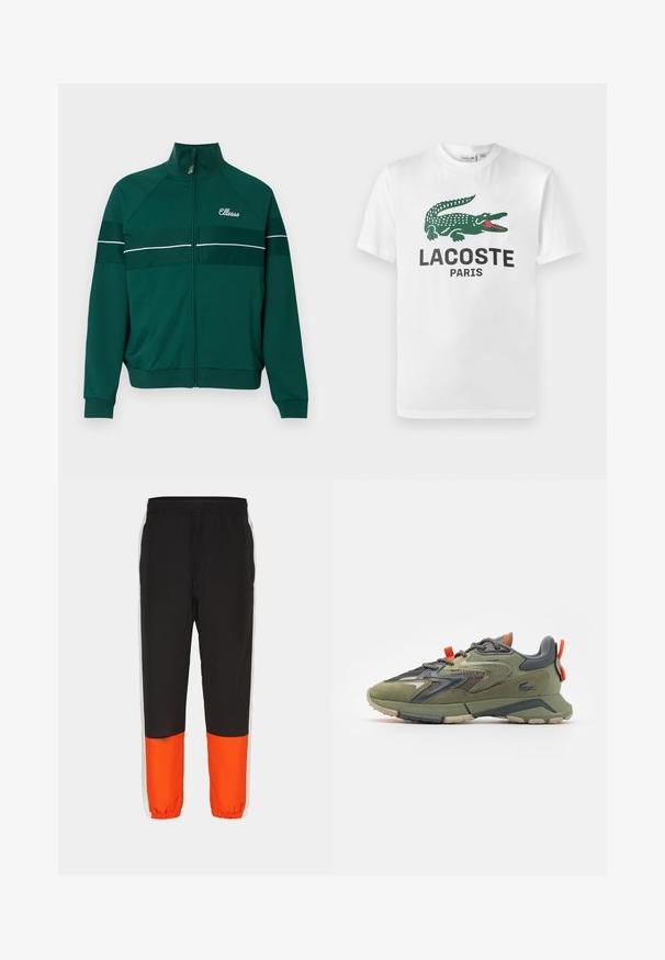 Zelená traková mikina na zips s bielymi pruhmi, vyrobená z hladkej látky. Má vysoký golier a vyšitú nášivku na hrudi.; Lacoste Tričko s potlačou - white; Čierne športové nohavice s širokým oranžovým spodným panelom a bielymi bočnými pruhmi. Elastický pás a manžety na členkoch pre nastaviteľné prispôsobenie.; Zelené a sivé tenisky s textúrovaným vrchom, polstrovaným límcom, reflexnými detailmi a gumovou podrážkou, ktoré majú jedinečný dizajn a kontrastné šnúrky.