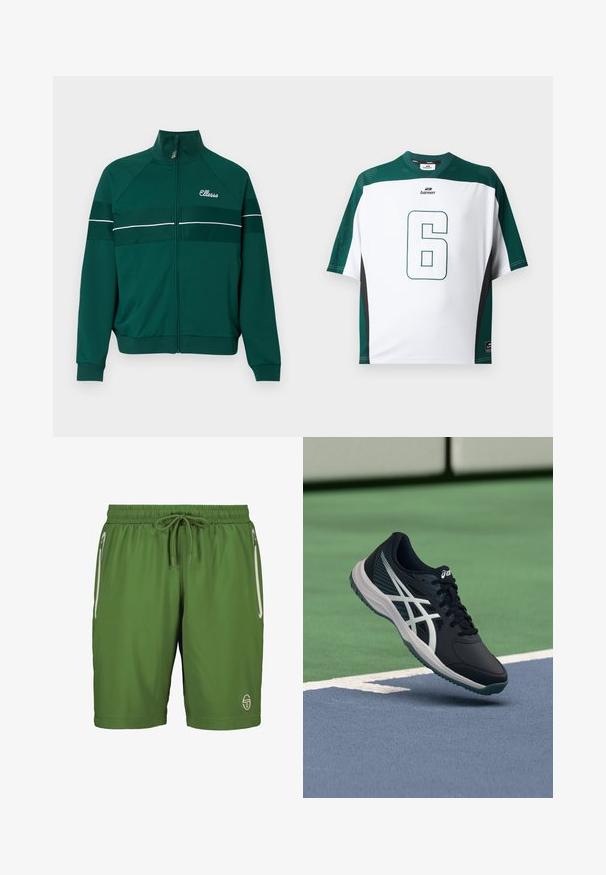 Grüne zip-up Sportjacke mit weißen Streifen, hergestellt aus glattem Stoff. Verfügt über einen hohen Kragen und ein gesticktes Logo auf der Brust.; Weiß-grünes Sporttrikot mit kurzen Ärmeln, der Nummer 6 auf der Vorderseite und dem Markennamen „bareen“ über der Nummer und am Etikett.; Grüne Shorts mit elastischem Bund und Kordelzug. Zwei Seitentaschen mit weißen Reißverschlüssen. Glattes, leichtes Material. Logo am Saum.; Schwarz-weißer Asics Sportschuh, der über einer Tennisplatzoberfläche mit grünen und blauen Zonen und weißen Begrenzungslinien schwebt.