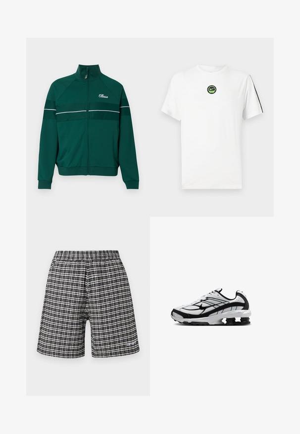 Veste de survêtement zippée verte avec des rayures blanches, fabriquée en tissu lisse. Dotée d'un col montant et d'un logo brodé sur la poitrine.; T-shirt blanc à manches courtes Nike avec logo rond vert et noir sur la poitrine et bande noire avec texte sur la manche droite.; Shorts à carreaux noir et blanc avec taille élastique et petit logo sur la partie inférieure de la jambe gauche.; Baskets athlétiques blanches et noires avec dessus en mesh, logo Nike, et double amorti à ressort dans la zone du talon de la semelle.