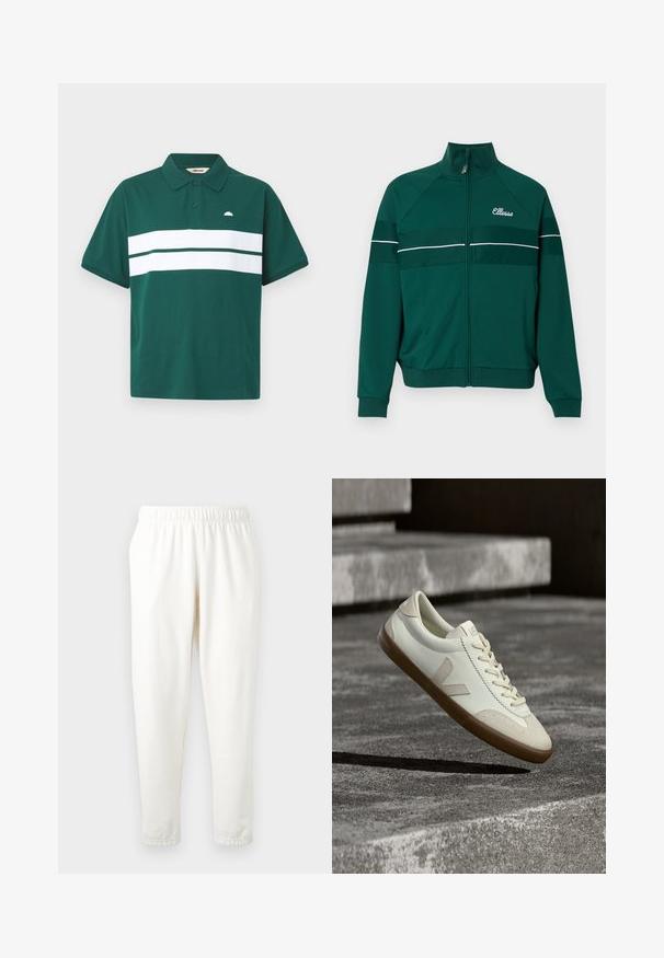Chaqueta de chándal verde con cremallera, con rayas blancas y fabricada en tela suave. Cuenta con un alto cuello y un logotipo bordado en el pecho.; Camisa polo verde de algodón con una franja horizontal blanca en el pecho. Presenta un cuello clásico y un pequeño logo en el lado izquierdo.; Pantalones de chándal de color crema con cintura elástica y piernas cónicas, confeccionados en un material suave. Presentan una textura lisa y sin patrones o acentos visibles.; Zapatillas blancas de cuero con suela de goma color beige, cordones planos y un acento en forma de V en el costado. Presentan una superficie lisa y detalles mínimos de costura.