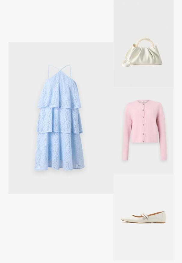 JDY JDYCHLOE L/S CARDIGAN KNT NOOS - Kardigan - sweet lilac; Helesin kleit helesinis, millel on kihiline disain ja õlapaelad. Kangas on lillemustriga ja flared siluetiga.; Valged lakkkingad terava ninaga, kahe dekoratiivse rihmaga, millel on hõbedased pandlad, ja peene pruuniga tallaga.; Väike valge käekott volditud kehaga, pärlitega kaunistatud ümmargune käepide ja eemaldatav õlarihm ühevärvilisel taustal.