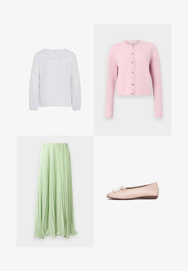 JDY JDYCHLOE L/S CARDIGAN KNT NOOS - Chaqueta de punto - sweet lilac; Blusa blanca de manga larga con cuello con volantes, textura lisa y puños elásticos. Diseño simple y limpio, adecuado para diversas ocasiones.; Falda larga plisada verde claro con tela fluida y cinturilla elástica, exhibida contra un fondo blanco.; Bailarina de cuero suave en color rosa claro con punta redondeada y lazo decorativo en la parte frontal. Suela de goma marrón baja que proporciona flexibilidad y comodidad.
