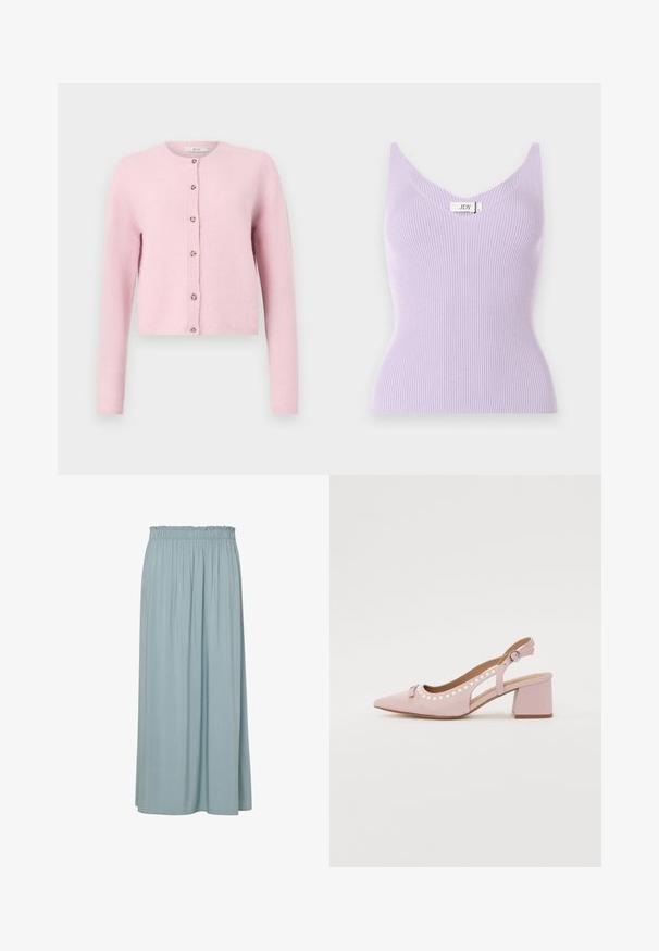 JDY JDYCHLOE LIFE CARDIGAN - Kardigan - sweet lilac; Lilla ribade ärmlösa topp V-formad ringning ja kitsas disain. Materjal näeb välja pehme ning vertikaalsete tekstuudidega. Brändi silt on nähtav.; Heled sinine maksiseelik, millel on kogutud elastne vöökoht, valmistatud pehmest kangast ja vertikaalsete voldikute tõttu tekstuurse ja voolava ilmega.; Roosa slingback-platvorm kontsaga king, millel on terav nina, kangast pealiskate, ümardatud lõiked, pärliaksendid ja plokkonts. Omab küljele paigutatud pandla detaile.