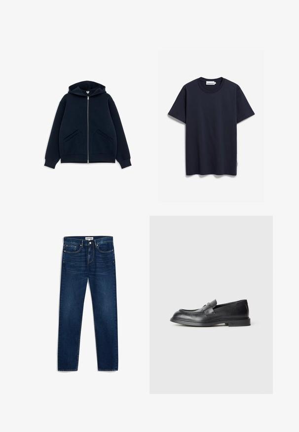 Kapuzensweatshirt mit Reißverschluss in Dunkelblau, aus weichem Stoff gefertigt. Verfügt über zwei Fronttaschen und gerippte Bündchen. Einfaches, modernes Design.; Marineblaue Baumwoll-T-Shirt mit Rundhalsausschnitt, kurzen Ärmeln und geradem Saum. Verfügt über ein dezentes Markenetikett an der Seitennaht.; Dunkelblaue Jeans aus Denim mit geradem Schnitt, fünf Taschen und Kontrastnähten. Mit Knopfverschluss und Reißverschluss.; Schwarze Lederloafer mit strukturierter Oberfläche, versehen mit einem dekorativen Frontriemen und einer abgerundeten Spitze. Gummisohle für Langlebigkeit.