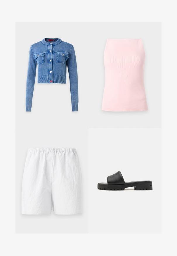 Blå langærmet strikket cropped cardigan med rund halsudskæring, ribkanter ved ærmer og kant, fire knapper foran og to brystlommer med klap og slidte kanter.; Ærmeløs lyserød ribstrikket top med høj firkantet halsudskæring og tætsiddende silhuet, vist på en neutral grå baggrund.; Hvide shorts med elastisk talje, fremstillet i et tekstureret stof med en afslappet pasform. Enkel design, ingen mønstre eller udsmykninger.; MARC JACOBS Slip-on sandaler - black