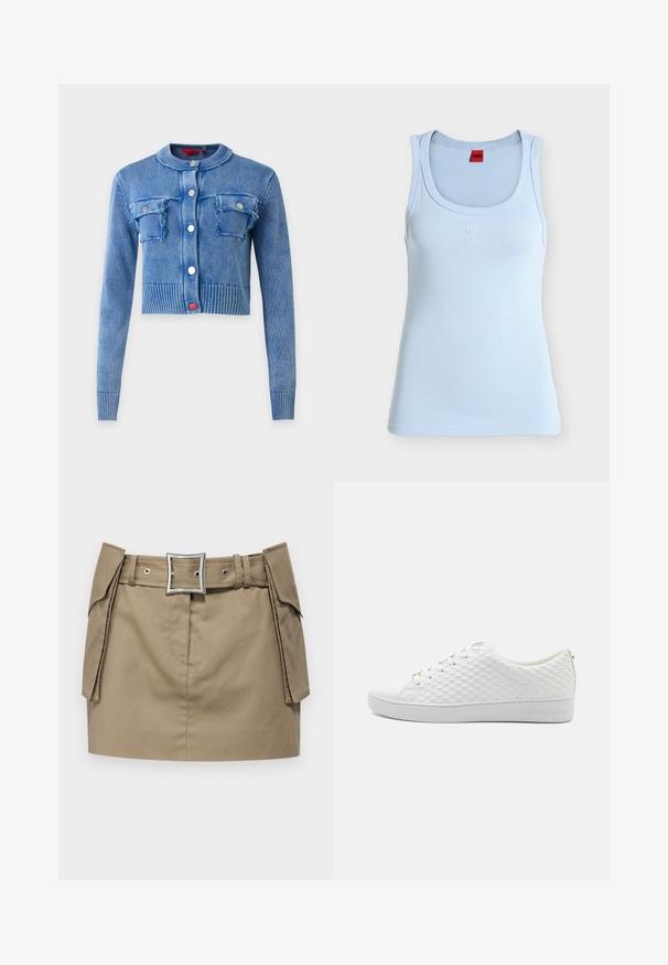 Blå langærmet strikket cropped cardigan med rund halsudskæring, ribkanter ved ærmer og kant, fire knapper foran og to brystlommer med klap og slidte kanter.; Lyseblåt ærmeløst tanktop med rund halsudskæring, med lille hvidt præget "HUGO" logo på brystet og rød label inde i kraven.; Khaki miniskørt med et bredt bælte, der har en firkantet sølvspænde, sidelommer og en glat, holdbar stofstruktur.; Hvide sneakers med et struktureret mesh-design, flad sål, rund tå og snørebånd foran. Mærkenavnet prentet på siden og guld accenter.