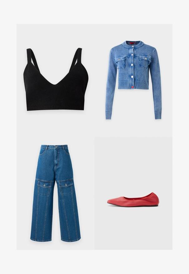 Cardigan court en maille bleue à manches longues, col rond, poignets et ourlet côtelés, quatre boutons sur le devant et deux poches poitrine à rabat avec bords usés.; Bralette en maille noire avec un décolleté en V profond, de larges bretelles et une bande côtelée. Texture lisse sans matériel ou accents visibles.; Pantalon en denim à jambes larges de couleur bleu clair, avec une taille haute, des coutures visibles et deux poches à rabat boutonnées de chaque côté.; Filippa K REY FLATS - Ballerines - bright red