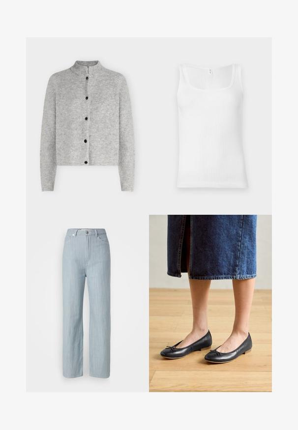 Cardigan tricoté gris clair à manches longues avec cinq boutons noirs sur le devant, avec un col montant court.; Débardeur blanc à côtes avec un décolleté rectangulaire et des bretelles larges. Le tissu présente une apparence texturée et extensible.; Jean droit en denim bleu clair. Comprend cinq poches, une fermeture à bouton en métal et un léger délavage pour la texture.; Ballerines en cuir noir avec un bout arrondi, un petit nœud décoratif et un petit talon en bois, portées avec une jupe en denim.