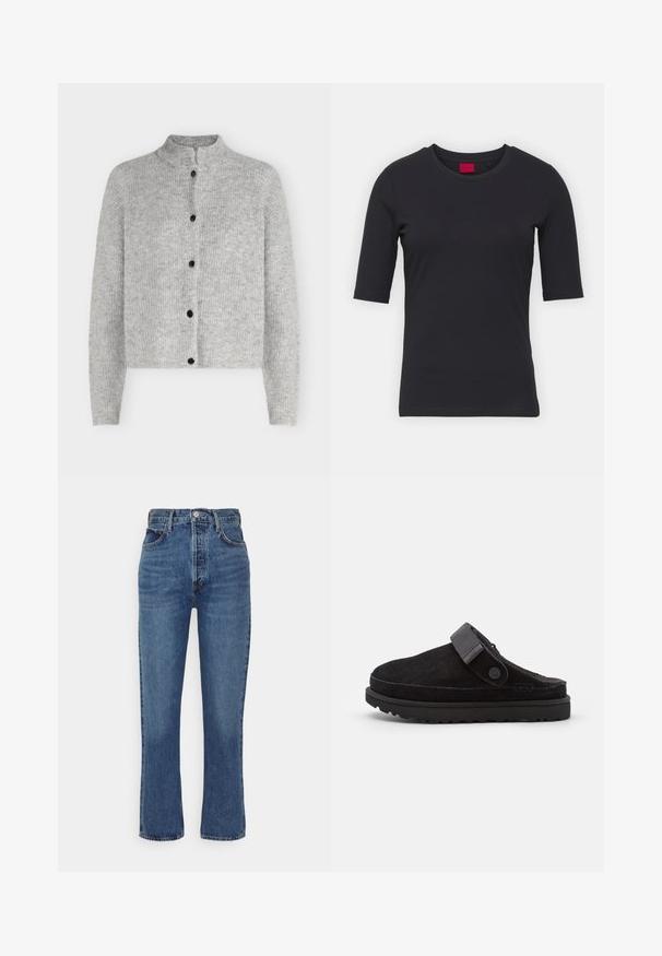 Lysegrå strikket cardigan med lange ærmer og fem sorte knapper foran, med en kort ståkrave.; Sort bomulds T-shirt med korte ærmer, rund halsudskæring og et minimalistisk design. Har et rødt mærke ved halsudskæringen.; Blå højtaljede jeans lavet af denim, med et lige ben design, fem-lomme stil og metallisk knaplukning.; Sorte ruskindssandaler med rund tå, blød tekstur, justerbar rem og en tyk gummisål med mønstret slidbane for godt greb.