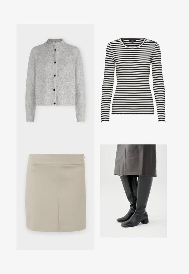 Lysegrå strikket cardigan med lange ærmer og fem sorte knapper foran, med en kort ståkrave.; Langærmet sort og hvidt vandret stribet ribbet skjorte med rund halsudskæring og bølgede kanter på ærmer og kant.; Beige miniskirt lavet af glat stof, med en lige skæring, enkelt design og en skjult lynlås i siden.; Knæhøje sorte læderstøvler med firkantet tå, skråt stillet blokhæl og en sidesyning; glat tekstur og tætsiddende design.