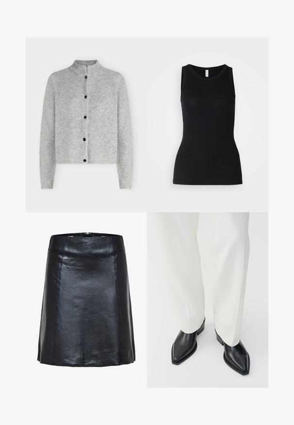 Cárdigan de punto gris claro con mangas largas y cinco botones negros en la parte delantera, con un cuello corto de pie.; Top sin mangas negro hecho de tela acanalada, con un escote redondo y un diseño ajustado, con una textura suave y sin patrones.; Falda negra de cuero en línea A con costuras visibles y un ligero brillo, con cintura alta y bajo corto.; Botas de tobillo negras con punta afilada y acabado de cuero liso, con tacones bajos y bloque, combinadas con pantalones blancos de pierna ancha. Diseño simple y moderno.