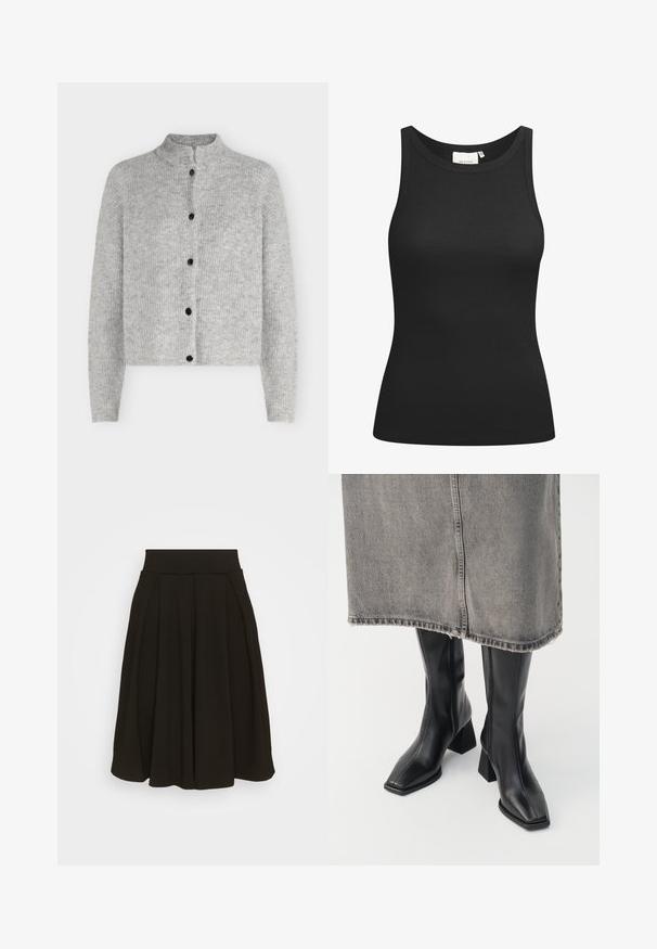 Hellgraue, gestrickte Strickjacke mit langen Ärmeln und fünf schwarzen Knöpfen vorne, mit einem kurzen Stehkragen.; Schwarzes Tanktop aus Rippstoff mit Rundhalsausschnitt und figurbetonter Passform. Flache Nähte und keine Verzierungen. Einfaches und elegantes Design.; Schwarz gefaltetem Rock mit einem breiten, elastischen Bund. Hergestellt aus einem weichen Stoff, mit einem knielangen Saum und glatter Textur.; Schwarze knielange Stiefel aus glattem Leder mit quadrater Zehenpartie und Blockabsatz. Getragen mit einem grauen Jeansrock mit ausgefranstem Saum.