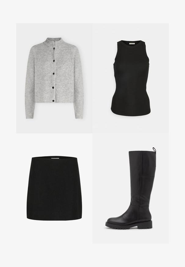 Cárdigan de punto gris claro con mangas largas y cinco botones negros en la parte delantera, con un cuello corto de pie.; Sofie Schnoor Top - black; Minifalda negra hecha de un tejido texturizado, con un corte simple y recto, sin adornos ni patrones visibles.; Vagabond KENOVA - Botas - black
