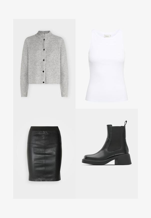Lysegrå strikket cardigan med lange ærmer og fem sorte knapper foran, med en kort ståkrave.; Hvid ribbet tanktop med rund halsudskæring og uden ærmer. Strækbart stof og tætsiddende design. Etiketten bagpå viser "GESTUZ."; Sort pencilsyning lavet af glat læder, med en elastisk talje for en tætsiddende silhuet og minimalistisk design.; Sorte læder ankelstøvler med elastiske sidepaneler, afrundet tå og en kraftig blokhæl. Glat tekstur med et minimalistisk design.