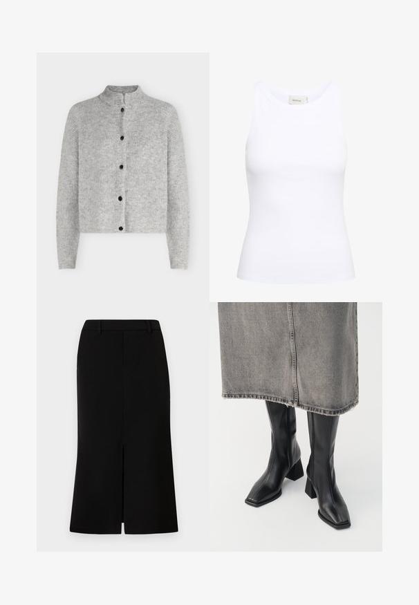 Lysegrå strikket cardigan med lange ærmer og fem sorte knapper foran, med en kort ståkrave.; Hvid ribbet tanktop med rund halsudskæring og uden ærmer. Strækbart stof og tætsiddende design. Etiketten bagpå viser "GESTUZ."; Sort knælang nederdel med en lige silhuet, der har en frontslids, glat tekstur og skræddersyet talje.; Sorte knæhøje støvler i glat læder med firkantet tå og blokeret hæl. Båret med en grå denimnederdel med flosset kant.