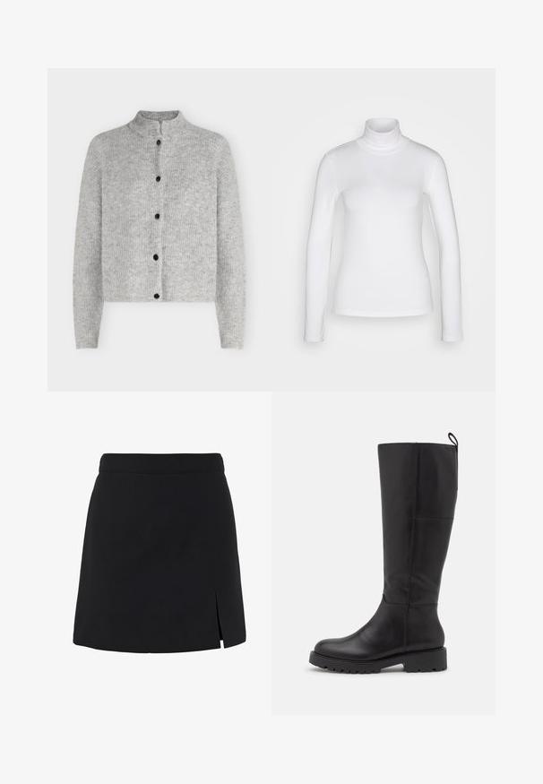 Cardigan tricoté gris clair à manches longues avec cinq boutons noirs sur le devant, avec un col montant court.; Chemise à col roulé blanc à manches longues en tissu lisse et extensible. Offre une coupe ajustée et un col haut. Pas de motifs ni d'accents visibles.; Mini-jupe noire en forme trapèze avec une taille haute et une petite fente à l'avant côté droit.; Vagabond KENOVA - Bottes - black