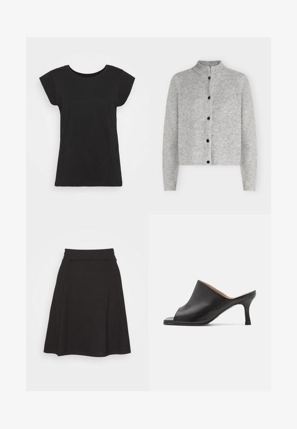 Cárdigan de punto gris claro con mangas largas y cinco botones negros en la parte delantera, con un cuello corto de pie.; Camiseta de algodón negra con manga corta tipo cap sleeve, escote redondo y un corte relajado. Textura suave sin patrones ni adornos visibles.; Falda negra acampanada hecha de una tela suave con una textura lisa. Presenta una cinturilla ancha y llega hasta la mitad del muslo.; Selected ASHLEY - Mules de tacón - black