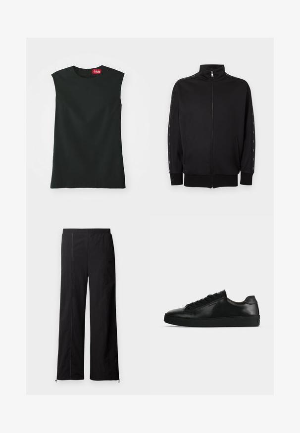 Veste de survêtement noire zippée avec col montant, poches latérales, poignets côtelés et rayures blanches pointillées le long des manches.; Un haut sans manches noir avec un col rond, en tissu lisse, et une fermeture éclair au dos. Il présente une petite étiquette rouge avec le logo "032c" au niveau du cou.; Pantalons larges noirs avec une texture lisse, taille élastique et fermetures à cordon aux chevilles. Présente des détails de couture contrastants.; Basket basse en cuir noir avec lacets noirs et semelle épaisse noire, vue de profil sur fond gris clair.