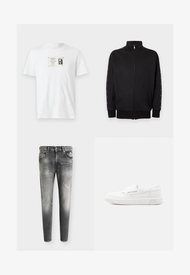 Veste de survêtement noire zippée avec col montant, poches latérales, poignets côtelés et rayures blanches pointillées le long des manches.; T-shirt en coton blanc avec une impression graphique en noir et blanc d'un crâne dans un cadre rectangulaire sur le devant. Manches courtes, col rond.; Jean denim gris slim fit avec des détails délavés et usés, fermeture avant à bouton et zip, et design à cinq poches.; Baskets Armani Exchange blanches basses avec semelle épaisse, fermeture à lacets à l'avant et détails de marque sur le côté et le talon, sur un fond neutre.