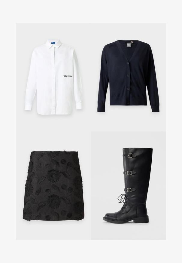 Donkerblauwe cardigan met knopen, lange mouwen, V-hals, geribbelde manchetten en tailleband, getoond op een effen lichte achtergrond.; Witte overhemd met lange mouwen en knopen, met kraag en zwarte tekstlogo "KARL LAGERFELD JEANS" op de linkerborst.; Zwarte denimrok met geborduurde bloemmotieven in zwart. Heeft een aansluitend silhouet en rafelige zoom.; Zwarte leren kniehoog laars met vetersluiting aan de voorkant, drie gespsaccenten, ronde neus en lage blokhak. Veilige textuur met een matte afwerking.