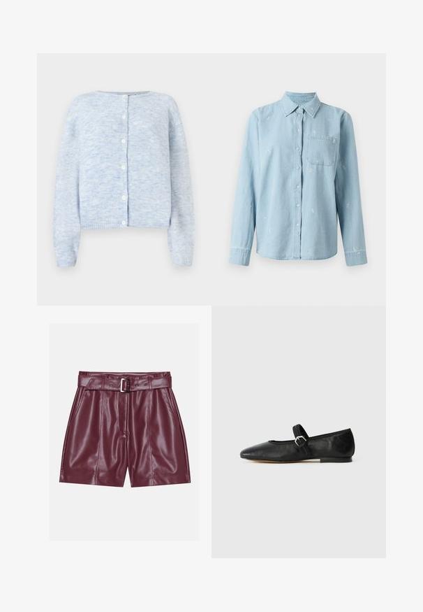 Lys blå cardigan lavet af blødt strikstof, med rund halsudskæring, frontknaplukning og lange ærmer med ribbede manchetter og kant.; Lys blå denimskjorte med lange ærmer, knaplukning foran og brystlomme. Fint hvidt blomstermotiv broderet over stoffet.; Burgunderfarvede faux lædershorts med en bred talje, et bælte med en sølvspænde og frontfald for en afslappet silhuet.; Sorte læder balletflade med en spids tå, rem med spænde detaljer og en lav, flad sål. Glat tekstur med minimale designelementer.