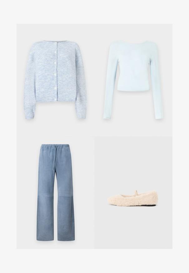 Lys blå cardigan lavet af blødt strikstof, med rund halsudskæring, frontknaplukning og lange ærmer med ribbede manchetter og kant.; Langærmet, lyseblå crop top lavet af blødt stof med rund halsudskæring og tætsiddende design. Glat tekstur uden synlige mønstre.; Lysblå faux suede brede bukser med elastisk talje og snøre. Har en glat tekstur og lige snit.; Luftig, cremefarvet hjemmesko med en blød tekstur, rund tå, minimalistisk design og en lille stofsløjfe på bagsiden for nem påtagning.