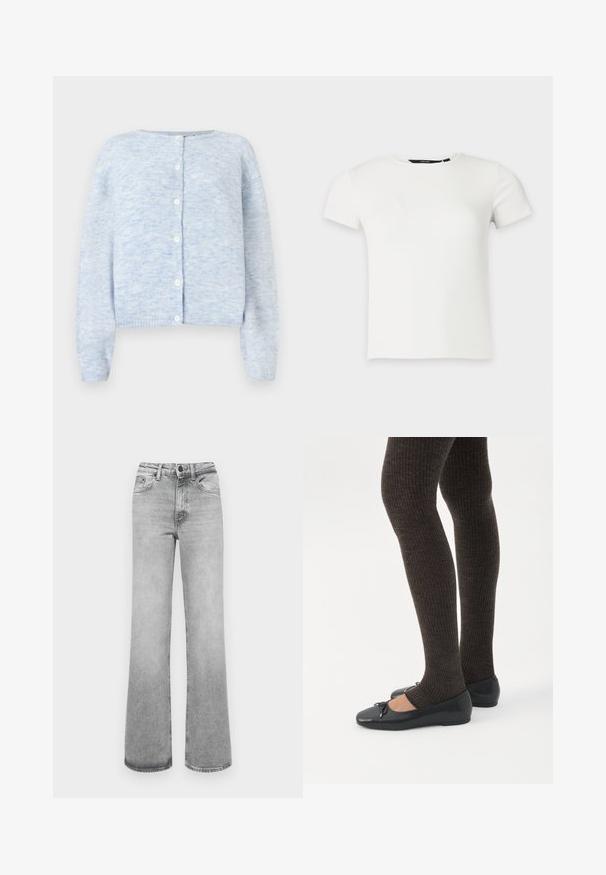 Lichtblauwe cardigan van zachte brei-stof, met een ronde halslijn, een knoopsluiting aan de voorkant en lange mouwen met geribde manchetten en zoom.; Wit geribbeld gebreid T-shirt met korte mouwen en een ronde hals, weergegeven op een effen lichtgrijze achtergrond.; Lichtgrijze vervaagde rechte spijkerbroek met voorzakken, riemlussen en een knoop- en ritssluiting.; Benen met donkere geribbelde leggings gecombineerd met zwarte ballerina's met kleine strikdetails op een witte achtergrond.