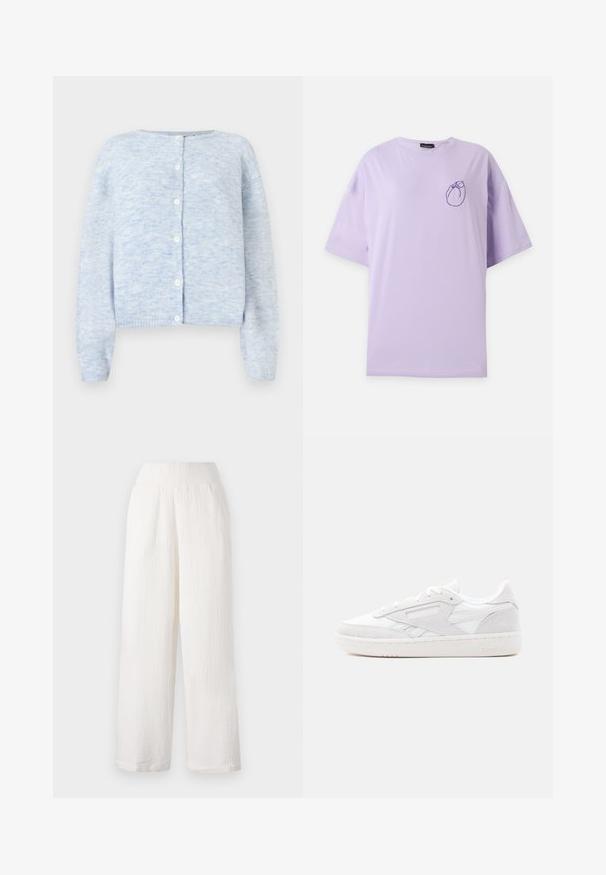 Vaaleansininen neulecardigan, joka on valmistettu pehmeästä neuloksesta. Tässä vaatteessa on pyöreä kaula-aukko, edessä nappisulku ja pitkät hihat, joissa on resorit. ; Vaalean violetti lyhythihainen T-paita, jossa vasemmalla rinnalla pieni tummanvioletti käpertyneen kissan ääriviiva.; Valkoiset leveät housut, joissa on teksturoidusta, ryppyisestä kankaasta valmistettu materiaali. Raskaassa vyötärössä on elastinen vyö ja sivutaskut käytännöllisyyden vuoksi.; Valkoinen matalakorkoinen Reebokin tennari, jossa mokkanahkaiset päällysteet, nauhallinen malli ja kuvioitu kumipohja yksinkertaisella vaalealla taustalla.