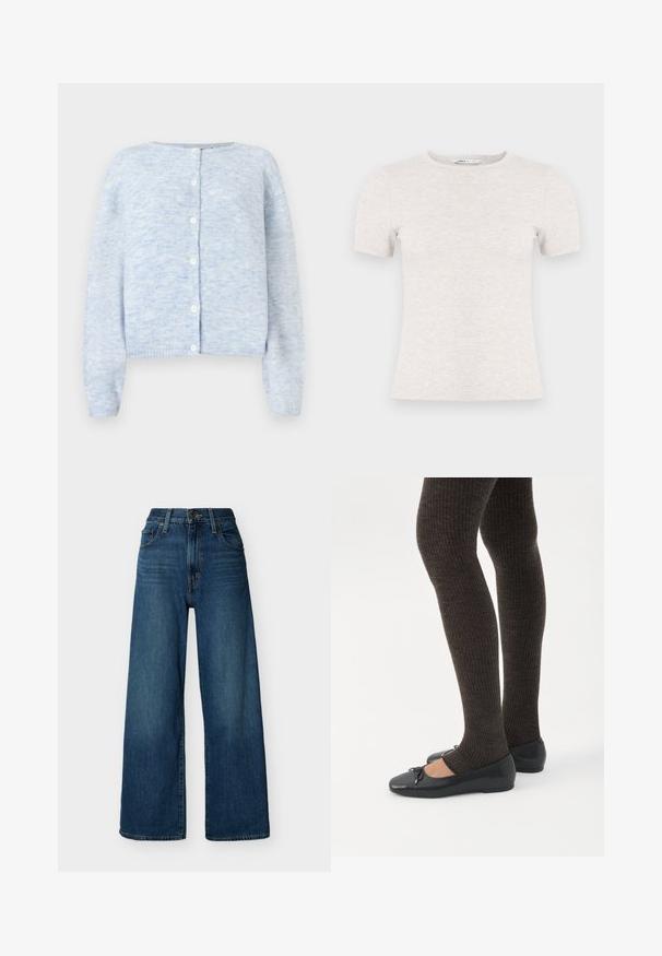 Cardigan bleu clair en tricot doux, avec un col rond, une fermeture à boutons à l'avant et des manches longues avec des bords côtelés aux poignets et à l'ourlet.; T-shirt gris clair à manches courtes en tissu côtelé avec un col rond. Design simple, texture lisse, sans motifs ni accents visibles.; Jean en denim bleu à taille haute et à jambes larges, avec fermeture à boutons et fermeture éclair à l'avant, passants pour ceinture et poches avant sur un fond uni.; Jambes portant des leggings côtelés foncés associés à des ballerines noires avec de petits détails en nœud sur fond blanc.