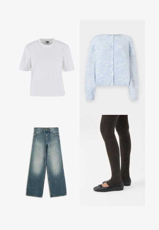 Lichtblauwe cardigan van zachte brei-stof, met een ronde halslijn, een knoopsluiting aan de voorkant en lange mouwen met geribde manchetten en zoom.; Witte T-shirt met korte mouwen van katoen, met een ronde hals, een ontspannen pasvorm en een gladde textuur met minimale stiksels.; Blauwe jeans met wijd uitlopende pijpen, vervaagde voorkant van de dijen, voorzakken, riemlussen en knoopsluiting.; Benen met donkere geribbelde leggings gecombineerd met zwarte ballerina's met kleine strikdetails op een witte achtergrond.