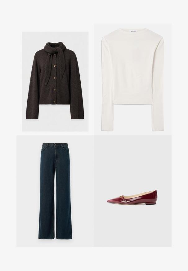 Donkerbruine gebreide cardigan met knopen en lange mouwen, met een bijpassende gebreide sjaal om de nek geknoopt.; Witte lange mouw top van katoen, met een eenvoudige ronde hals en een slim fit. De stof is glad met een lichte stretch.; Wijde, donkerblauwe spijkerbroek met een hoge taille, vijf pockets en subtiele stikdetails. De stof heeft een gladde textuur.; Bordeaux patent leren ballerina's met een puntige neus, voorzien van een klein uitsnijdetail en een lage hak. Glad textuur en een slank ontwerp.